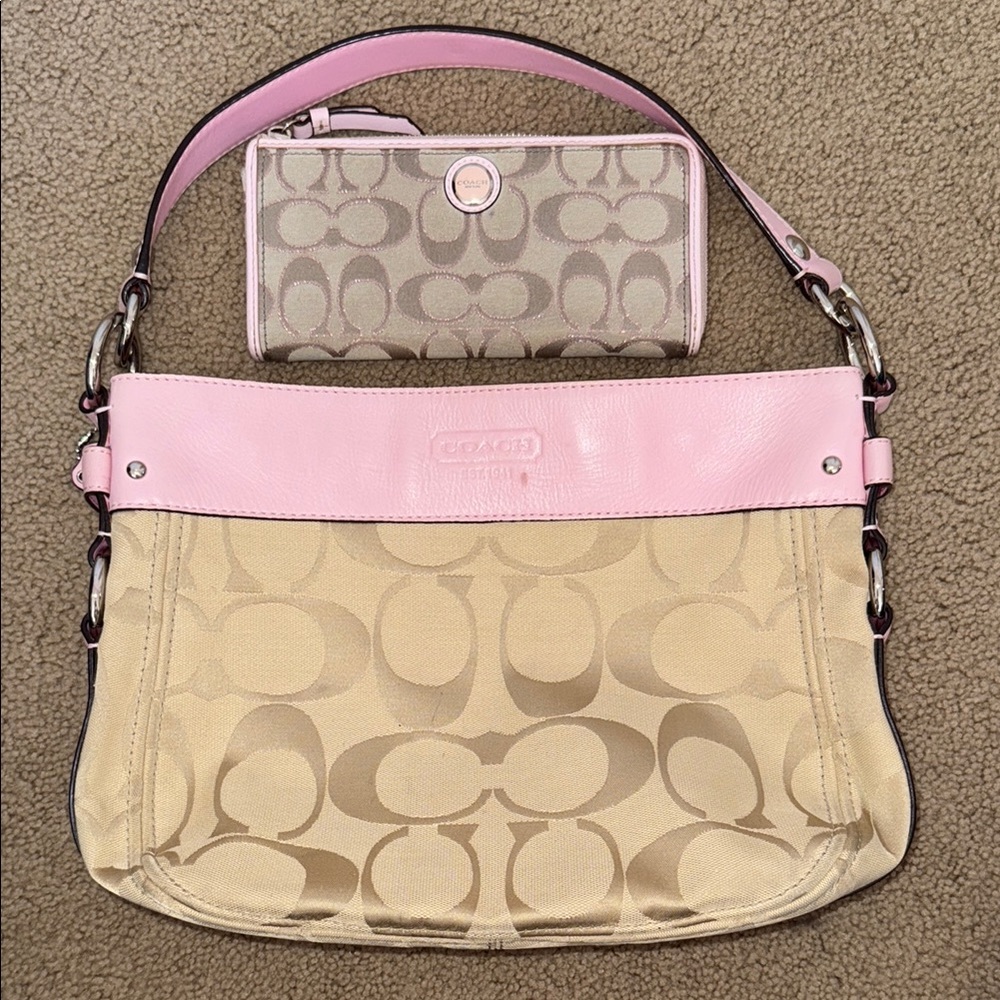 Coach Pink and Tan Signature Bag with Matching Wallet
